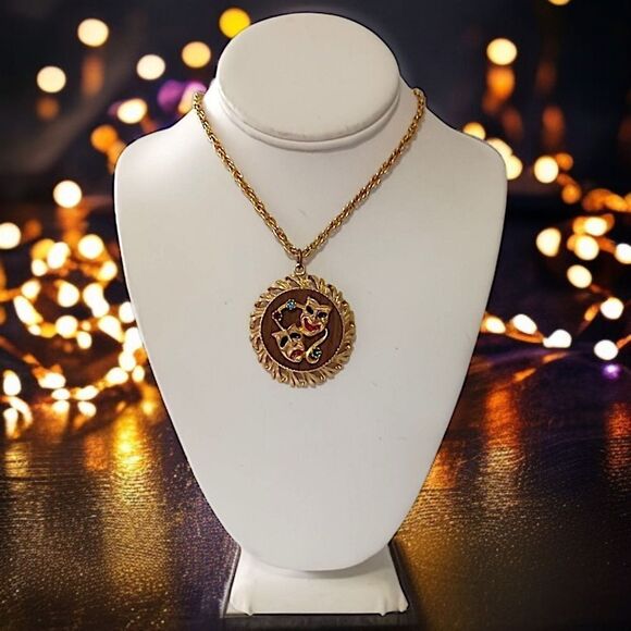Vintage Comedy Tragedy Mask Necklace MCM Gold Tone Rhinestones Mardi Gras 70s - Picture 11 of 15